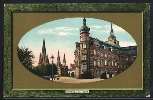 Präge-AK Oldenburg i. Gr., Schloss und Kirche, Passepartout