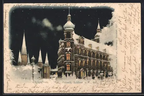 AK Oldenburg i. Gr., Grossherzogliches Schloss bei Nacht im Winter