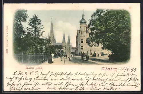 AK Oldenburg / Gr., Strasse Innerer Damm mit Kirche