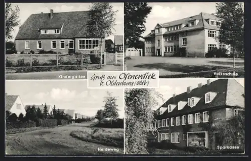 AK Ofenerdiek b. Oldenburg, Sparkasse, Volksschule, Strasse Heideweg