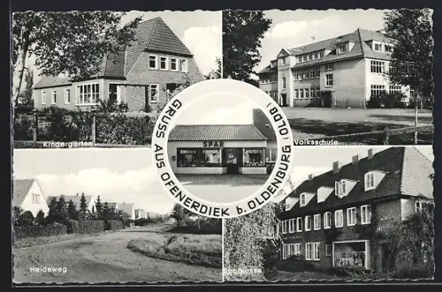 AK Ofenerdiek b. Oldenburg, Sparkasse, Volksschule, Strasse Heideweg