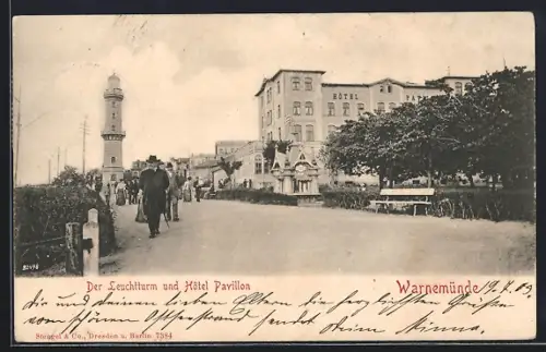 AK Warnemünde, Leuchtturm und Hotel Pavillon