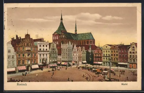 AK Rostock, Marktplatz mit Marktständen