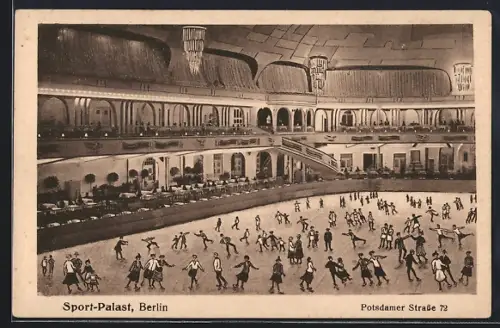 AK Berlin-Schöneberg, Sport-Palast mit Eisläufern, Postdamer Strasse 72, Innenansicht