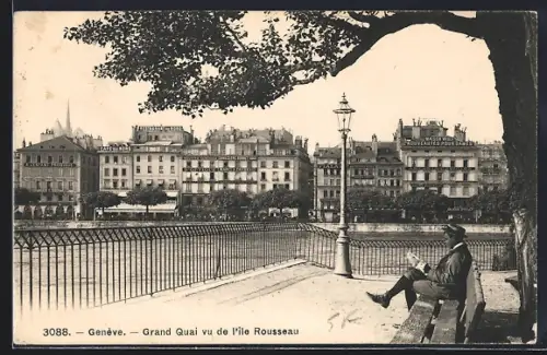 AK Genève, Grand Quai vu de l`île Rousseau