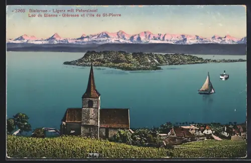 AK Ligerz /Bielersee, Panorama mit Petersinsel