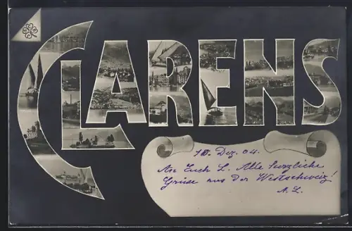 AK Clarens, Schriftzug mit Bahnhof, Uferpartie und Segelboot