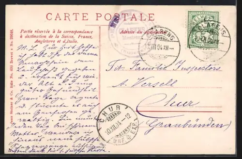 AK Clarens, Schriftzug mit Bahnhof, Uferpartie und Segelboot