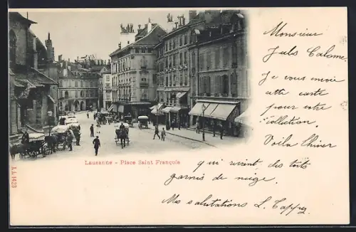 AK Lausanne, Place Saint Francois mit geschäftigem Treiben