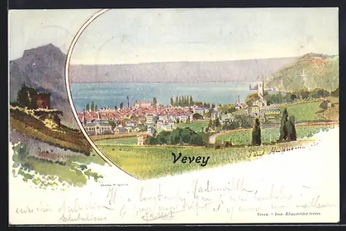 Lithographie Vevey, Panorama, Ruine