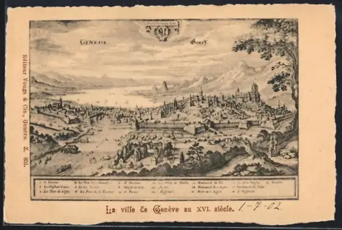 Lithographie Genève, Panorama et Château vieux, Hospital et Boulevard de Loye