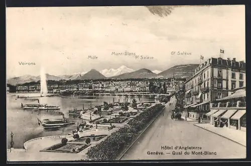 AK Genève, Hôtel d`Angleterre, Quai du Mont-Blanc, Voirons, Môle et Gd Salève
