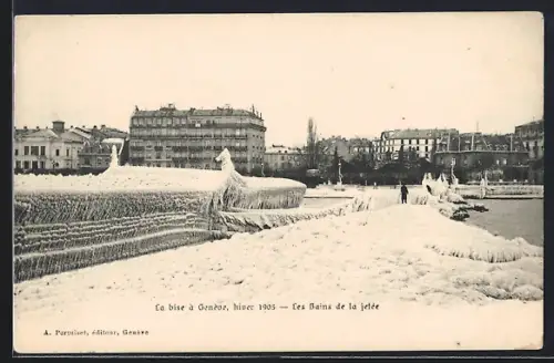AK Genève, La bise hiver 1903, Les Bains de la jetée