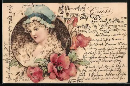 Holzbrand-Imitations-AK Blondes Fräulein mit Haube, Mohnblumen