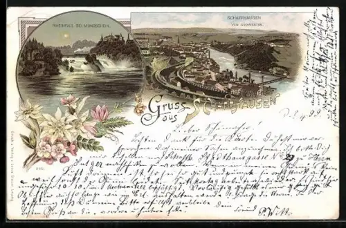 Lithographie Schaffhausen, Ortsansicht von SW, Rheinfall