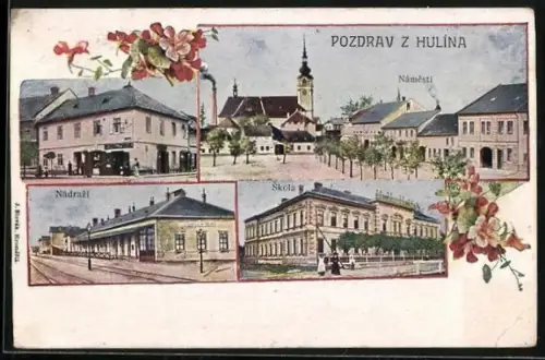 AK Hullein, Stadtplatz und Bahnhof