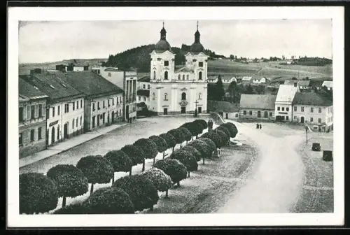 AK Bistritz ob Pernstein / Bystrice nad Pernstejnem, Ortsansicht mit Kirche
