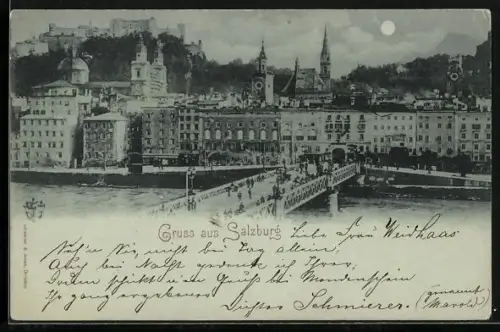 Mondschein-AK Salzburg, Uferpartie mit Festung und Brücke
