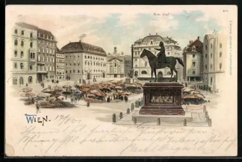 Lithographie Wien, Am Hof, Platz-Ansicht mit Denkmal