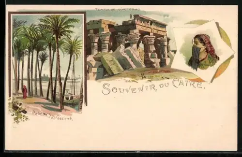 Lithographie Caire, Temple de Kom-Ombo, Palmiers de Gezireh