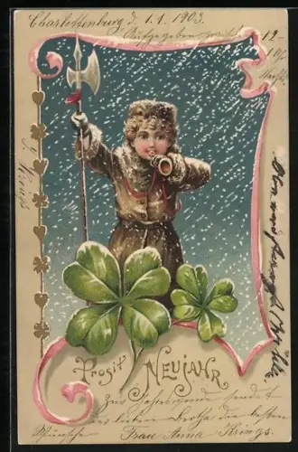 AK Nachtwächterchen mit Hellebarde bläst sein Horn