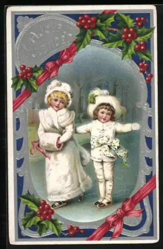 AK Kleines Paar auf Schlittschuhen, Weihnachtsgruss mit Ilex