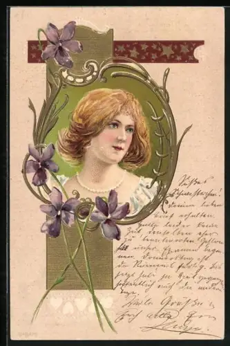 Lithographie Junge Frau mit Perlenkette, Blumen, Jugendstil