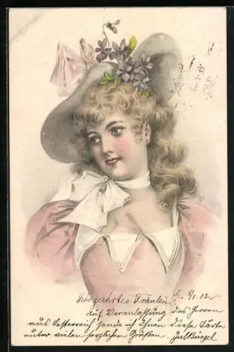 AK junge Frau mit Halstuch und grossem Hut, Jugendstil