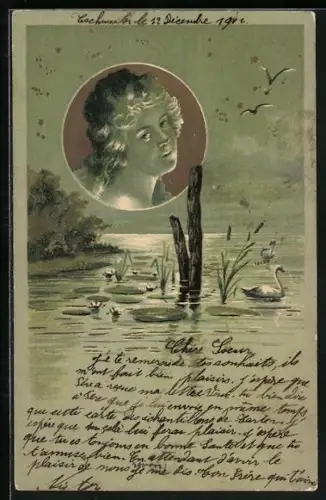 Lithographie Seeidyll bei Nacht, Jugendstil