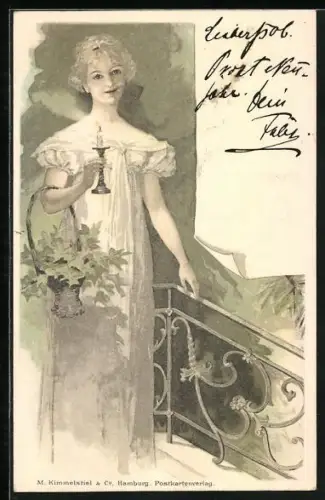 Lithographie Hübsche Blondine mit Kerze am Treppengeländer, Jugendstil