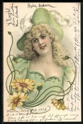 AK Jugendstil, blonde Dame in grünem Kleid mit Hut, Sonnenblumen