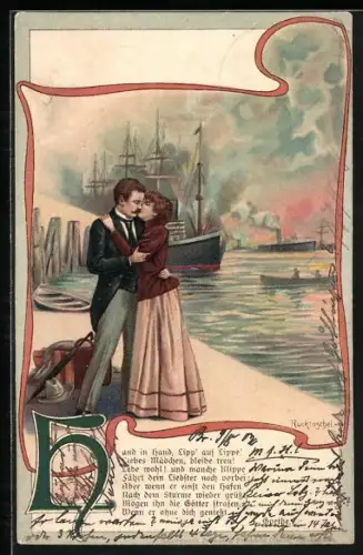 AK Buchstabe H, Hand in Hand am Hafen, Paar küsst sich