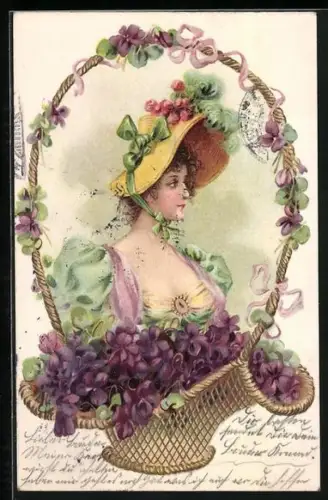 Lithographie Junge Frau in Kleid mit Puffärmeln, Veilchen-Korb, Jugendstil