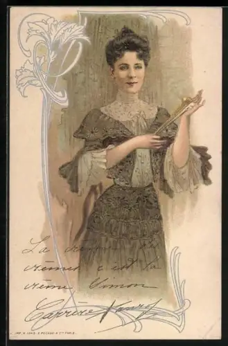 Lithographie Gutbürgerliche Dame mit Fächer in Zierrahmen