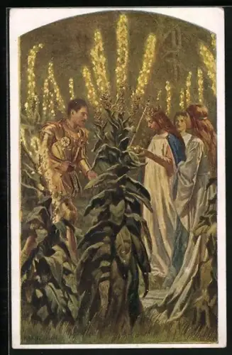 Künstler-AK Königkerzen Blumen, Mann in Rustüng und Frauen in weissen Gewändern