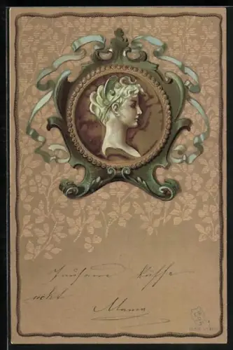 AK Medaille mit Reliefportrait eines Mädchens, Jugendstil