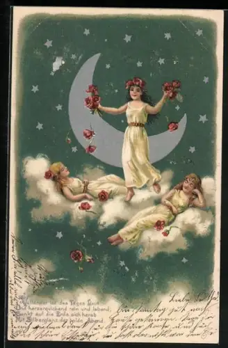 Künstler-AK Mädchen mit Rosen auf Wolken vor der Mondsichel