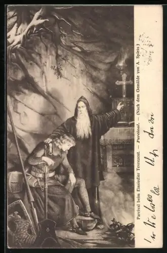 Künstler-AK sign. A. Spiess: Parcival beim Einsiedler Trevrezent