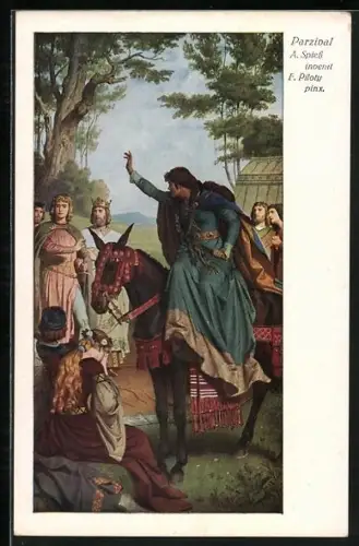 Künstler-AK A. Spiess / F. Piloty: Parsival, Abschied zu Pferde