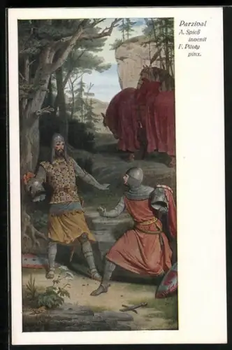 Künstler-AK sign. A. Spiess / F. Piloty: Parsival, zwei Ritter nebeneinander unterhalten sich