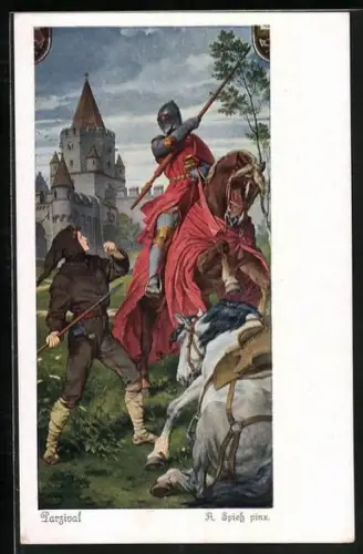 Künstler-AK A. Spiess / F. v. Piloty: Parsival, Karte-Nr. 4420, Ritterkampf