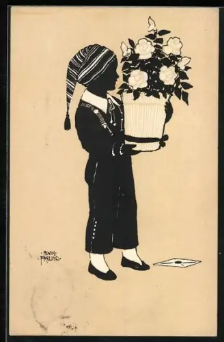 Künstler-AK Alwin Freund: Kleines Kind mit Zipfelmütze und Blumentopf