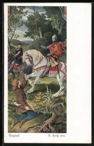 Künstler-AK A. Spiess: Parsival, Begegnung mit dem Ritter
