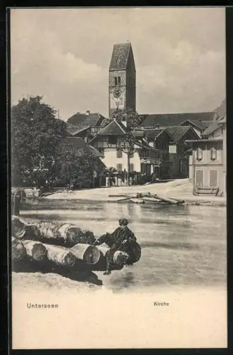 AK Unterseen, Ortspartie mit der Kirche