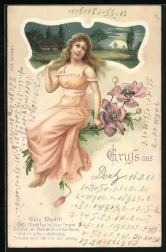 Künstler-AK Junge Frau mit Blumen vor Mondlandschaft, Jugendstil