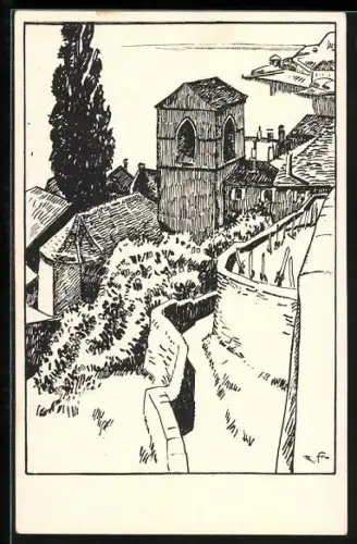 Künstler-AK St. Saphorin, Blick über die Dächer des Ortes