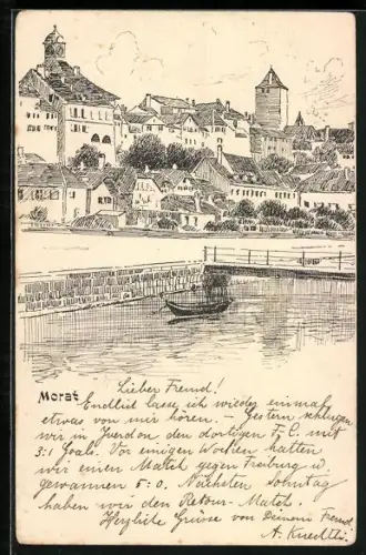 Künstler-AK Morat, Teilansicht mit Brücke vom Wasser aus