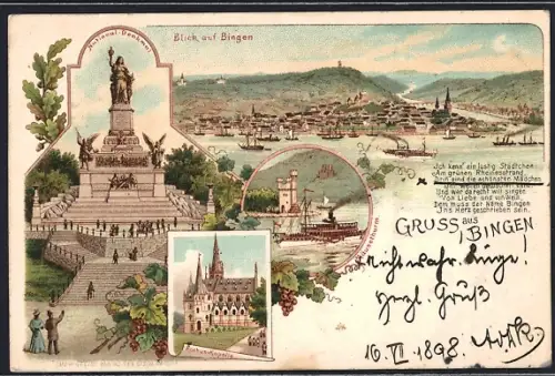 Lithographie Bingen / Rhein, National-Denkmal am Niederwald, Rochus-Kapelle, Ortsansicht