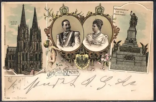Lithographie Köln, Kaiserin Auguste Victoria Königin von Preussen, Dom und Nationaldenkmal