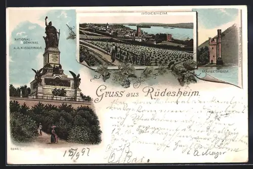 Lithographie Rüdesheim, National-Denkmal a. d. Niederwald, Ortsansicht, Mäuseturm
